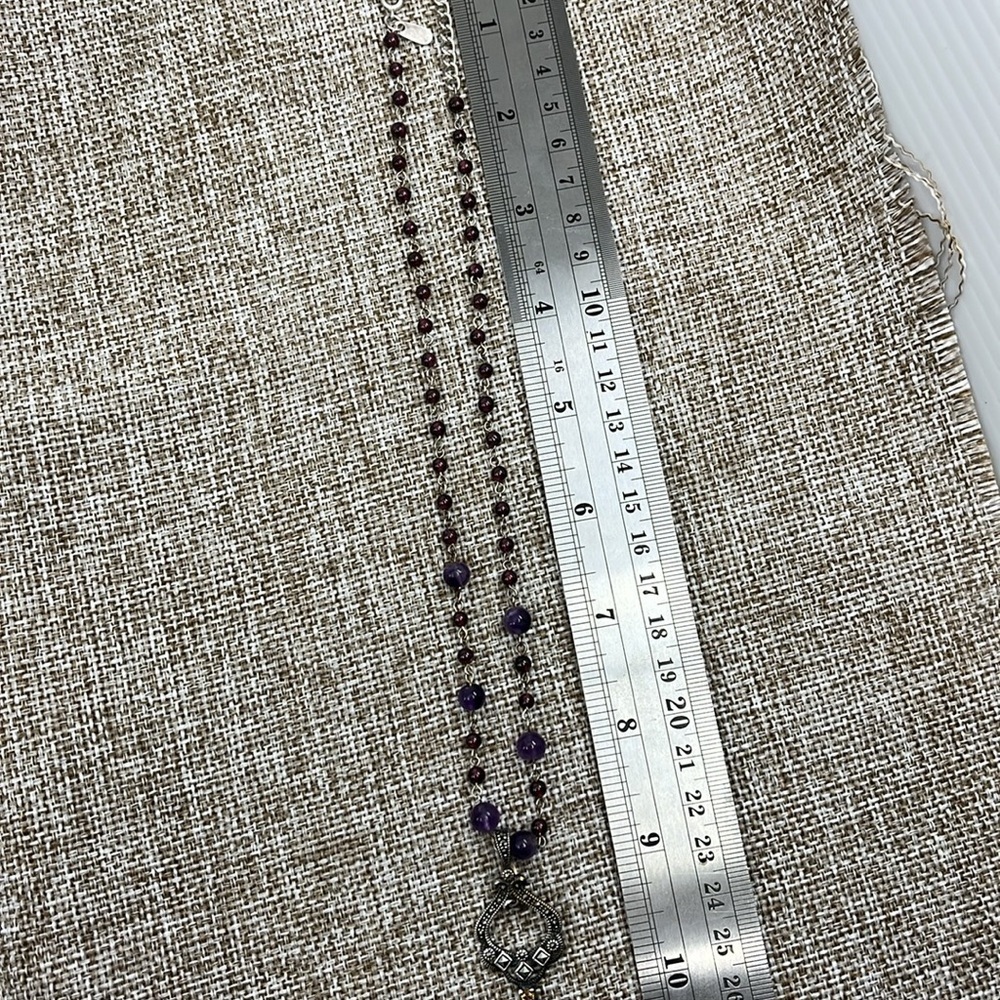 Vintage ✨ Sterling Silver Beaded Adjustable Necklace with Marcasite Pendant 💎 - Picture 11 of 14